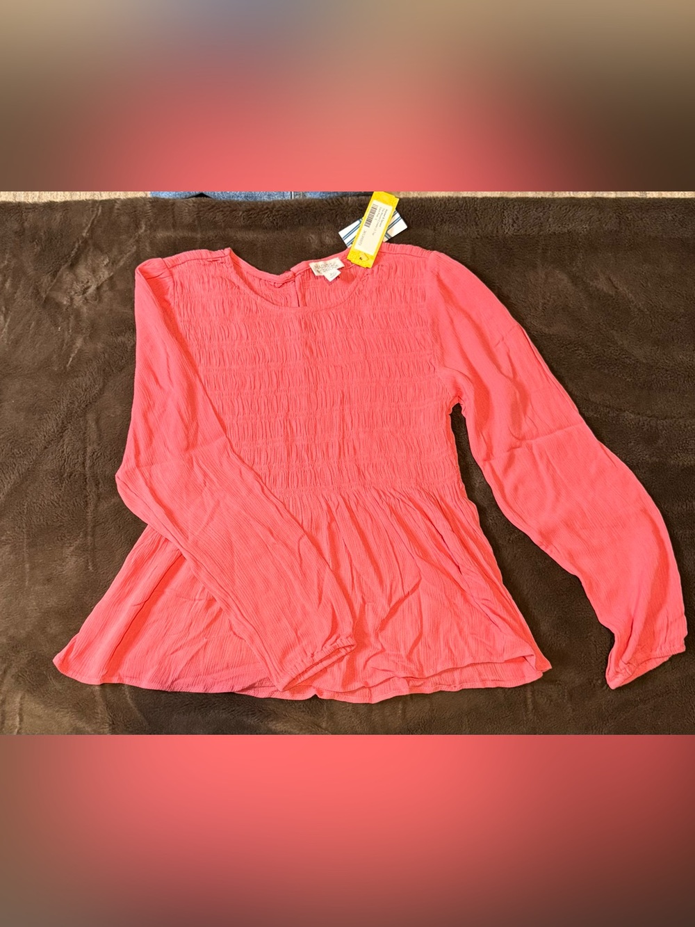 Market & Spruce Coral Peplum Smocked Long-Sleeve Blouse